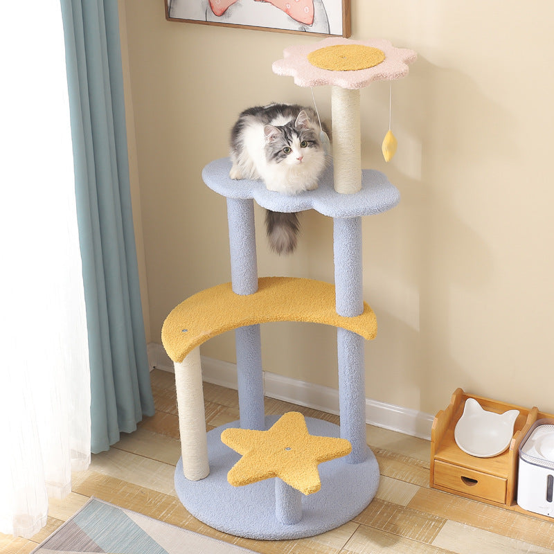 Contemporary Creative Cylindrical Star & Moon Design Teddy Plush Medium Density Fiberboard Hemp Rope Cat Tree For Bedroom