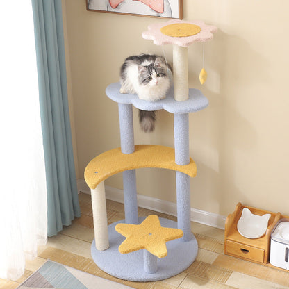Contemporary Creative Cylindrical Star & Moon Design Teddy Plush Medium Density Fiberboard Hemp Rope Cat Tree For Bedroom