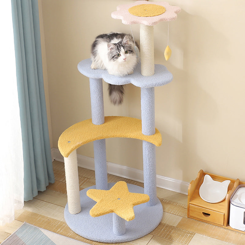 Contemporary Creative Cylindrical Star & Moon Design Teddy Plush Medium Density Fiberboard Hemp Rope Cat Tree For Bedroom