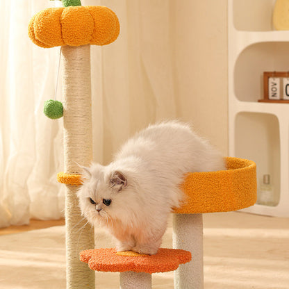 Contemporary Creative Cylindrical Pumpkin Bee Flower Design Teddy Plush PVC Sisal Rope Cat Tree For Bedroom
