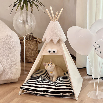 Contemporary Creative Triangle Washed Cotton Crystal Velvet North Island Velvet Non-Slip Fabric Solid Wood Pet Dog Bed Cat Bed For Bedroom