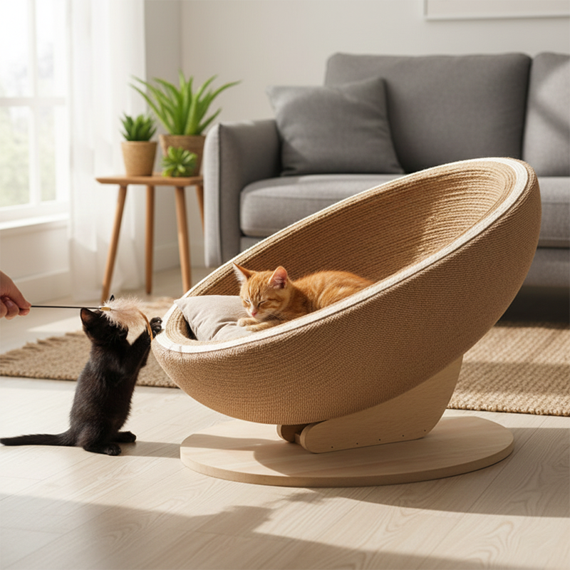 Contemporary Nordic Tilted Round Eggshell Medium Density Fiberboard Hemp Rope Hemp Fabric Cat Bed For Bedroom