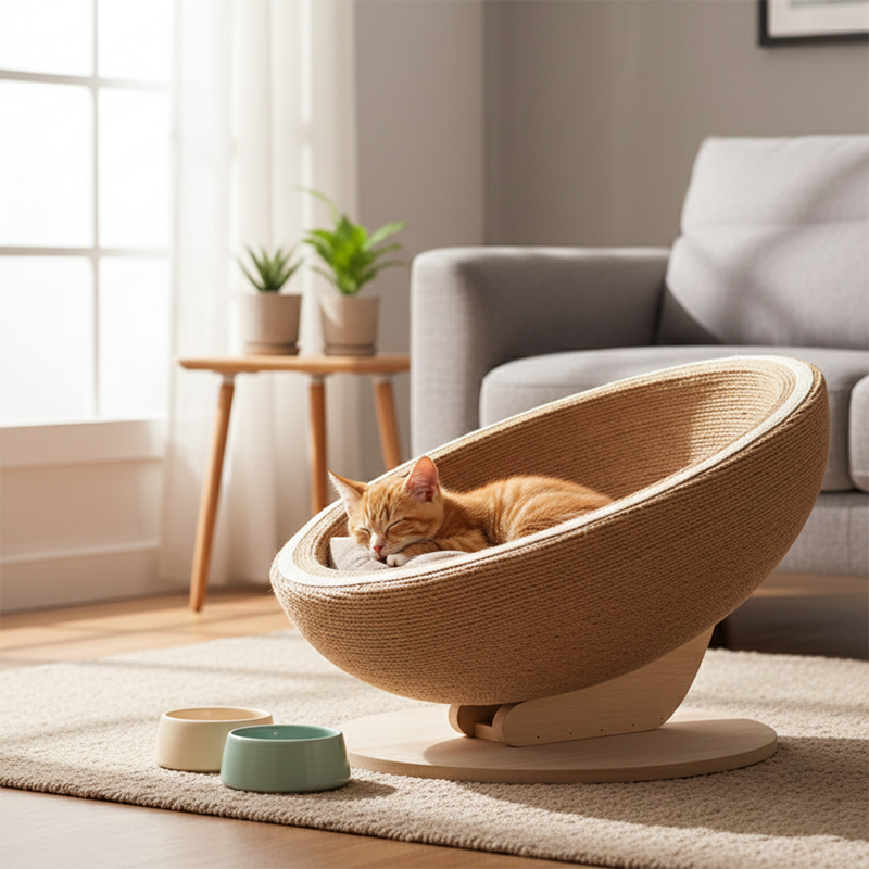 Contemporary Nordic Tilted Round Eggshell Medium Density Fiberboard Hemp Rope Hemp Fabric Cat Bed For Bedroom
