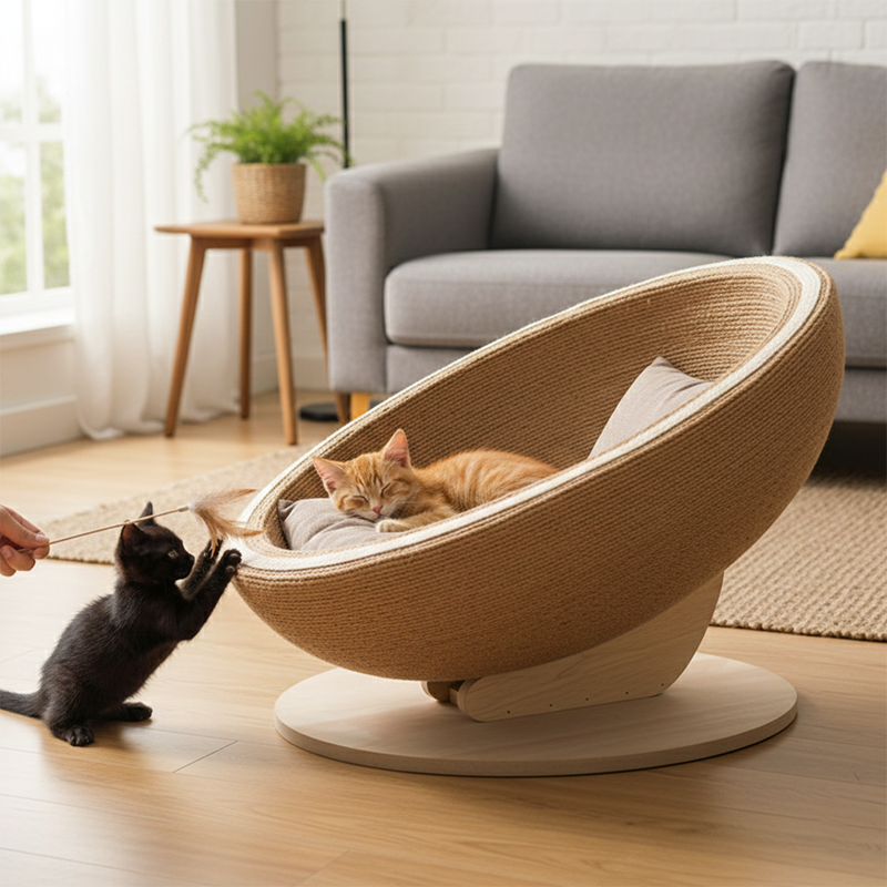 Contemporary Nordic Tilted Round Eggshell Medium Density Fiberboard Hemp Rope Hemp Fabric Cat Bed For Bedroom
