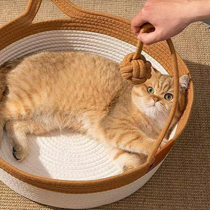 Contemporary Creative Round Cat-Shaped Jute Woven Pet Bed Cat Bed For Bedroom