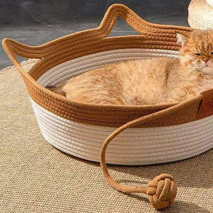 Contemporary Creative Round Cat-Shaped Jute Woven Pet Bed Cat Bed For Bedroom