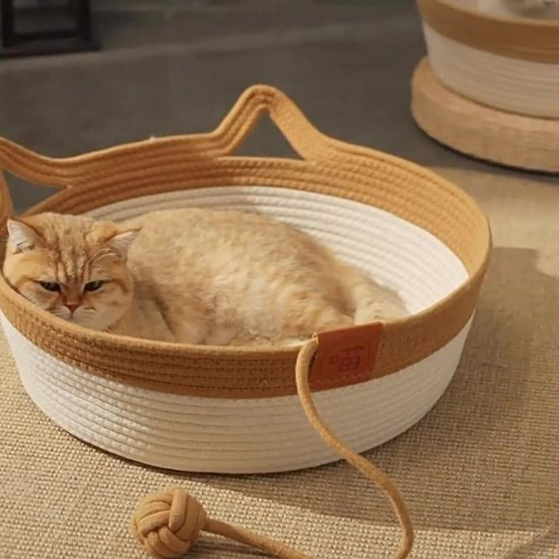 Contemporary Creative Round Cat-Shaped Jute Woven Pet Bed Cat Bed For Bedroom