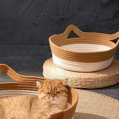 Contemporary Creative Round Cat-Shaped Jute Woven Pet Bed Cat Bed For Bedroom