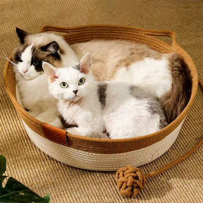 Contemporary Creative Round Cat-Shaped Jute Woven Pet Bed Cat Bed For Bedroom