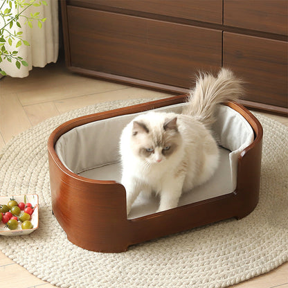 Modern Minimalist Rectangular Cotton-Linen Solid Wood Integrated Dog Bed & Cat Bed For Bedroom