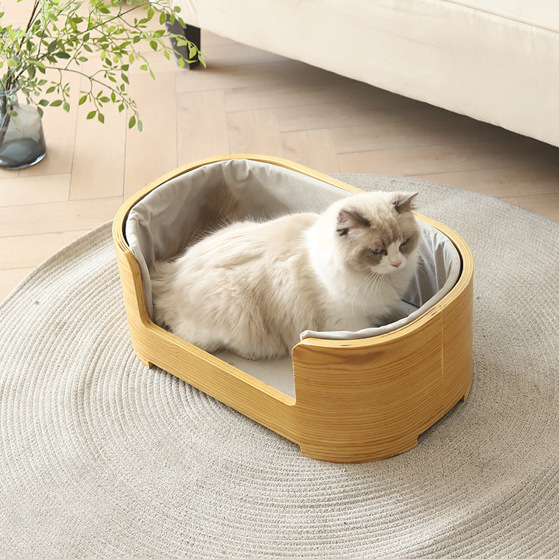 Modern Minimalist Rectangular Cotton-Linen Solid Wood Integrated Dog Bed & Cat Bed For Bedroom
