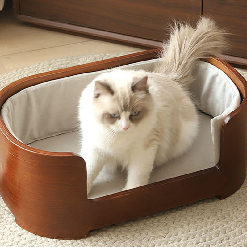 Modern Minimalist Rectangular Cotton-Linen Solid Wood Integrated Dog Bed & Cat Bed For Bedroom