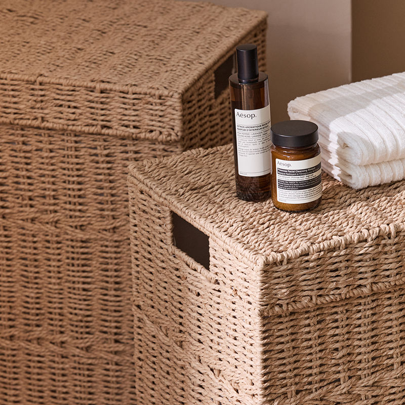 Traditional Japanese Rectangular Handmade Paper Rope Steel Storage Basket Cabinet 1-Storage For Living Room & Bedroom