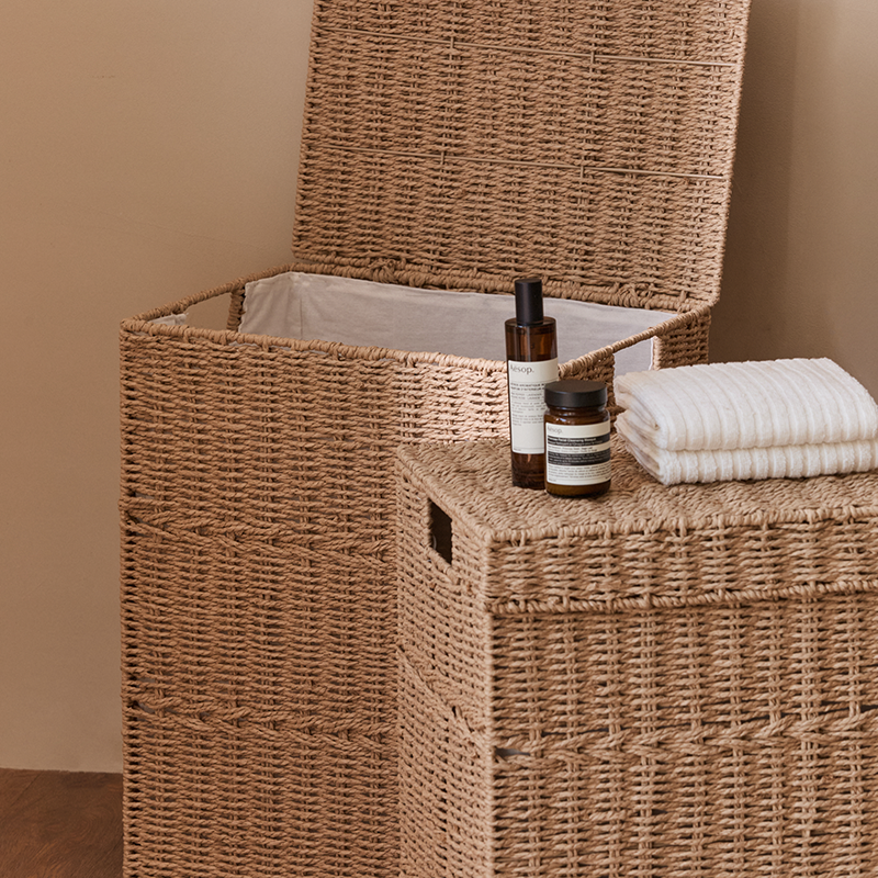 Traditional Japanese Rectangular Handmade Paper Rope Steel Storage Basket Cabinet 1-Storage For Living Room & Bedroom