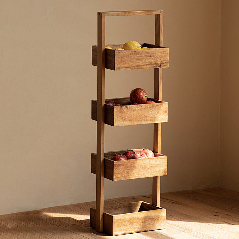 Contemporary Nordic Rectangular Ladder Acacia Wood Storage Shelf 4-Tier For Living Room