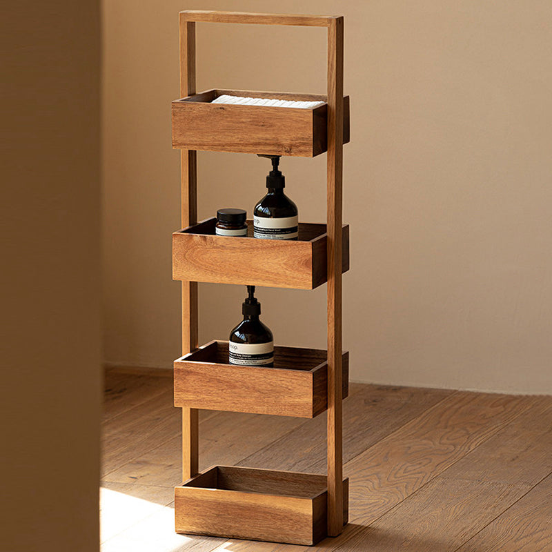Contemporary Nordic Rectangular Ladder Acacia Wood Storage Shelf 4-Tier For Living Room