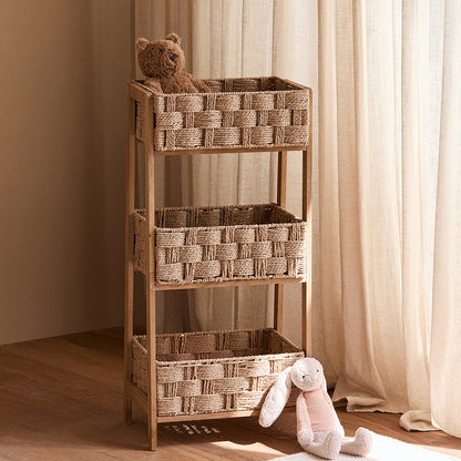Contemporary Nordic Rectangular Pine Paper Cord Storage Shelf 3-Tier For Living Room