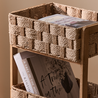Contemporary Nordic Rectangular Pine Paper Cord Storage Shelf 3-Tier For Living Room