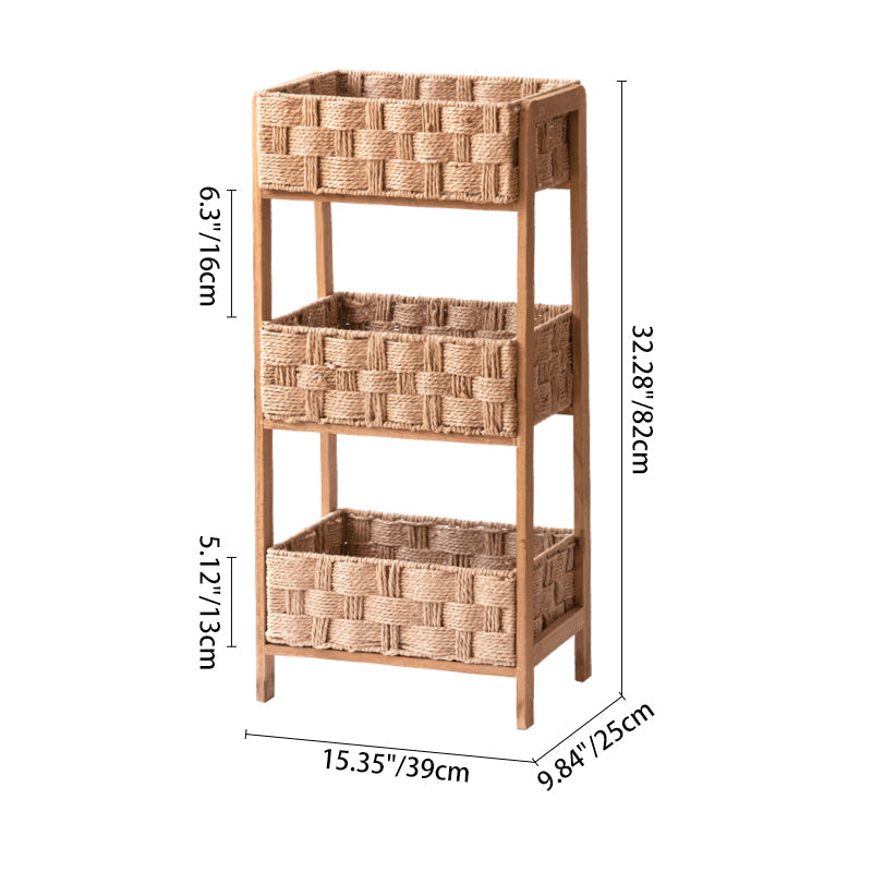 Contemporary Nordic Rectangular Pine Paper Cord Storage Shelf 3-Tier For Living Room