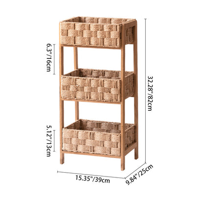 Contemporary Nordic Rectangular Pine Paper Cord Storage Shelf 3-Tier For Living Room