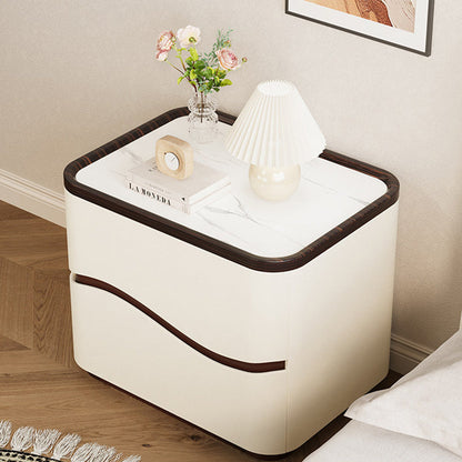 Modern Minimalist Rectangular Cat-Claw Leather Stone Slab Pine Nightstand 2-Drawer For Bedroom