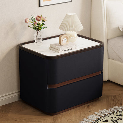 Modern Minimalist Rectangular Cat-Claw Leather Stone Slab Pine Nightstand 2-Drawer For Bedroom