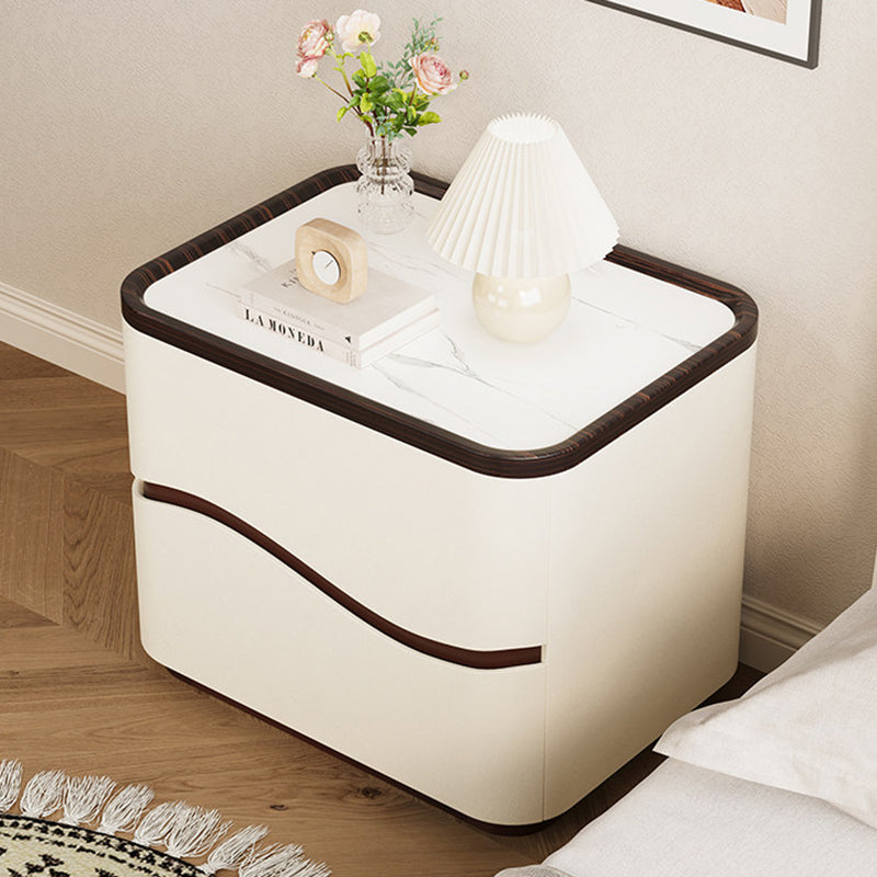 Modern Minimalist Rectangular Cat-Claw Leather Stone Slab Pine Nightstand 2-Drawer For Bedroom