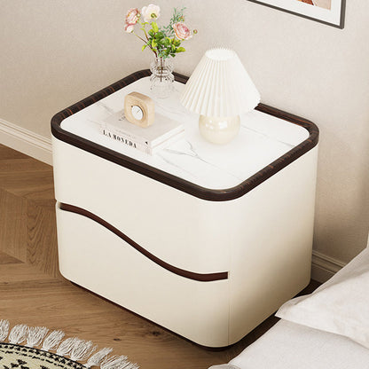 Modern Minimalist Rectangular Cat-Claw Leather Stone Slab Pine Nightstand 2-Drawer For Bedroom