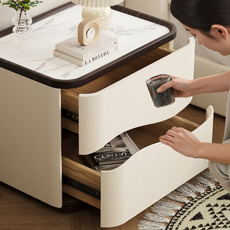 Modern Minimalist Rectangular Cat-Claw Leather Stone Slab Pine Nightstand 2-Drawer For Bedroom