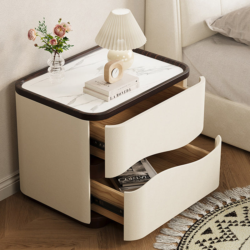 Modern Minimalist Rectangular Cat-Claw Leather Stone Slab Pine Nightstand 2-Drawer For Bedroom