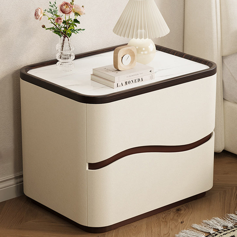 Modern Minimalist Rectangular Cat-Claw Leather Stone Slab Pine Nightstand 2-Drawer For Bedroom