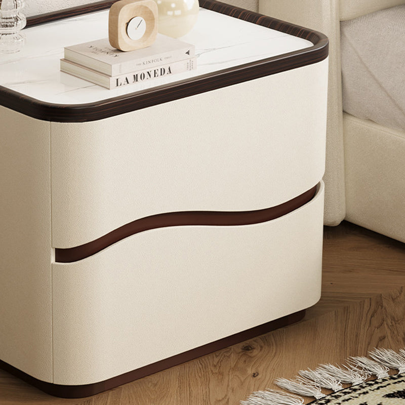 Modern Minimalist Rectangular Cat-Claw Leather Stone Slab Pine Nightstand 2-Drawer For Bedroom