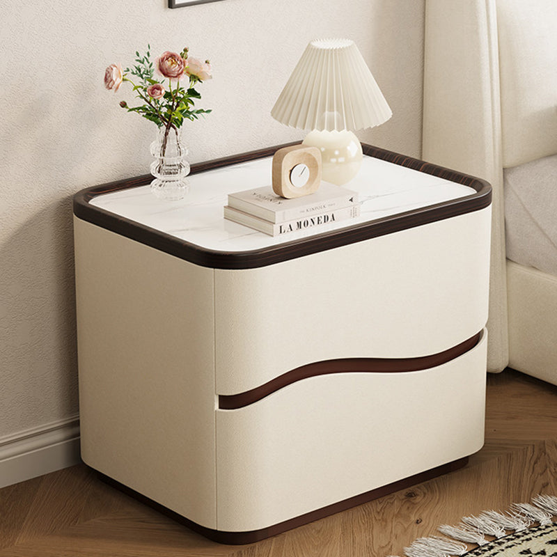 Modern Minimalist Rectangular Cat-Claw Leather Stone Slab Pine Nightstand 2-Drawer For Bedroom