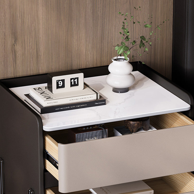 Modern Minimalist Rectangular High-Leg Design Stone Slab Pine Solid Wood Cat-Scratch Leather Carbon Steel Nightstand 2-Drawer For Bedroom