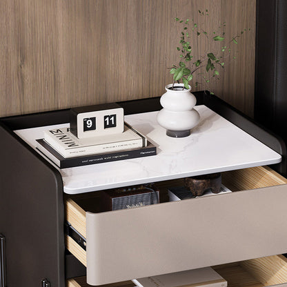 Modern Minimalist Rectangular High-Leg Design Stone Slab Pine Solid Wood Cat-Scratch Leather Carbon Steel Nightstand 2-Drawer For Bedroom