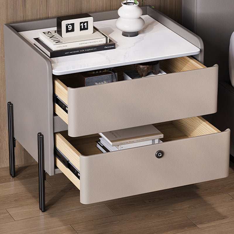 Modern Minimalist Rectangular High-Leg Design Stone Slab Pine Solid Wood Cat-Scratch Leather Carbon Steel Nightstand 2-Drawer For Bedroom