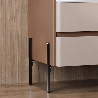 Modern Minimalist Rectangular High-Leg Design Stone Slab Pine Solid Wood Cat-Scratch Leather Carbon Steel Nightstand 2-Drawer For Bedroom