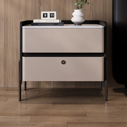 Modern Minimalist Rectangular High-Leg Design Stone Slab Pine Solid Wood Cat-Scratch Leather Carbon Steel Nightstand 2-Drawer For Bedroom
