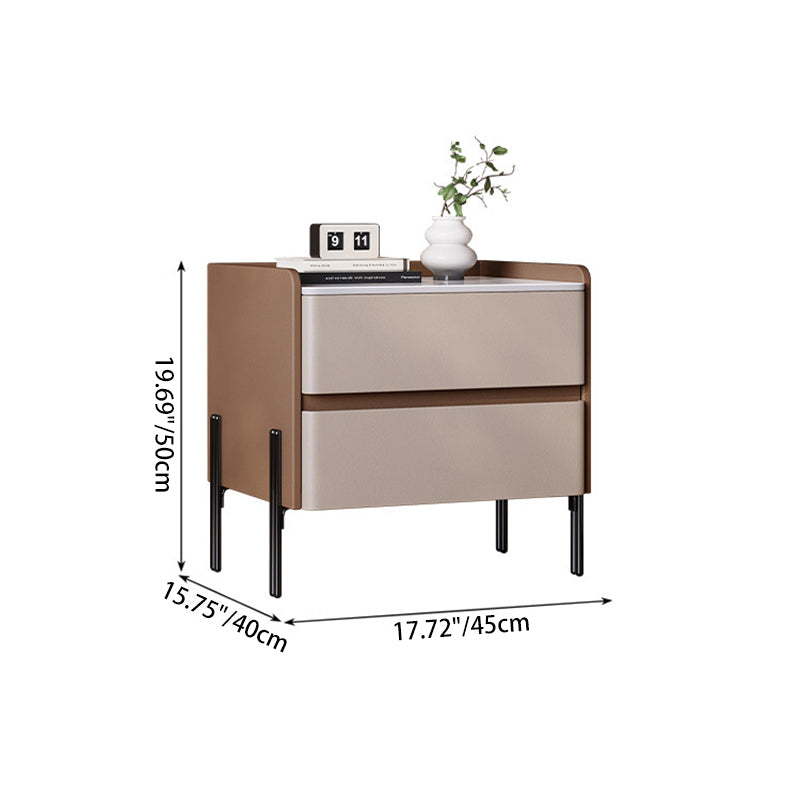 Modern Minimalist Rectangular High-Leg Design Stone Slab Pine Solid Wood Cat-Scratch Leather Carbon Steel Nightstand 2-Drawer For Bedroom