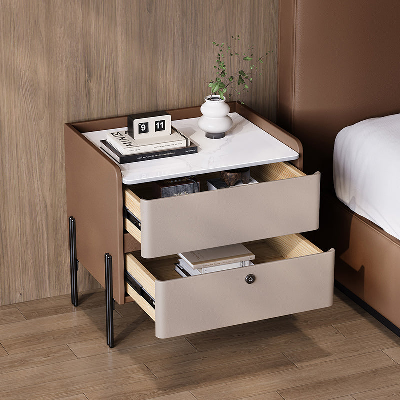Modern Minimalist Rectangular High-Leg Design Stone Slab Pine Solid Wood Cat-Scratch Leather Carbon Steel Nightstand 2-Drawer For Bedroom