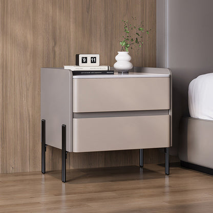 Modern Minimalist Rectangular High-Leg Design Stone Slab Pine Solid Wood Cat-Scratch Leather Carbon Steel Nightstand 2-Drawer For Bedroom