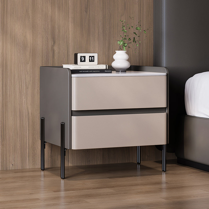 Modern Minimalist Rectangular High-Leg Design Stone Slab Pine Solid Wood Cat-Scratch Leather Carbon Steel Nightstand 2-Drawer For Bedroom