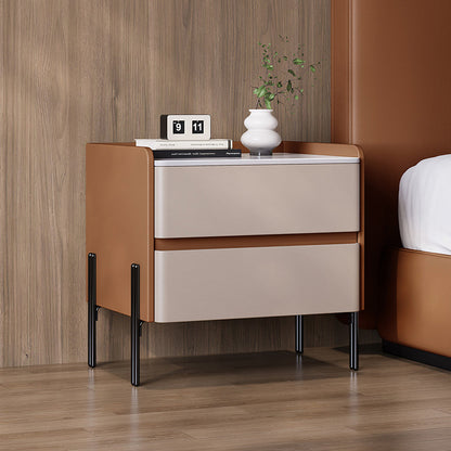 Modern Minimalist Rectangular High-Leg Design Stone Slab Pine Solid Wood Cat-Scratch Leather Carbon Steel Nightstand 2-Drawer For Bedroom