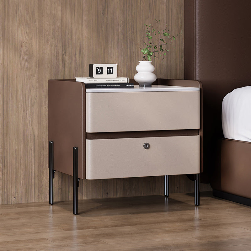Modern Minimalist Rectangular High-Leg Design Stone Slab Pine Solid Wood Cat-Scratch Leather Carbon Steel Nightstand 2-Drawer For Bedroom