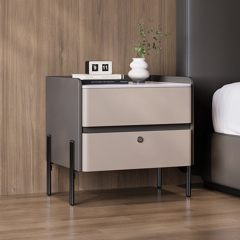 Modern Minimalist Rectangular High-Leg Design Stone Slab Pine Solid Wood Cat-Scratch Leather Carbon Steel Nightstand 2-Drawer For Bedroom