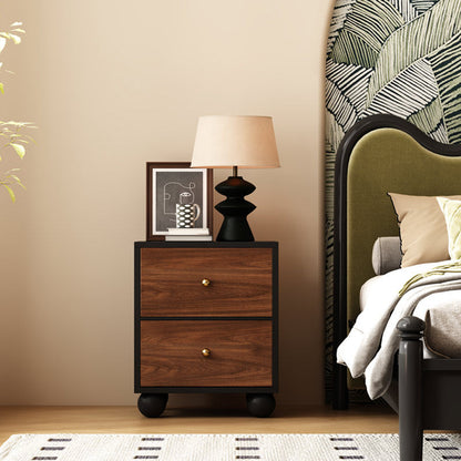 Traditional Vintage Rectangular Round Paulownia Wood Pine Board Iron Nightstand 2-Drawer For Bedroom