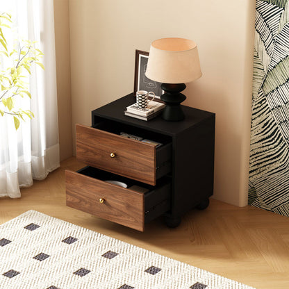 Traditional Vintage Rectangular Round Paulownia Wood Pine Board Iron Nightstand 2-Drawer For Bedroom