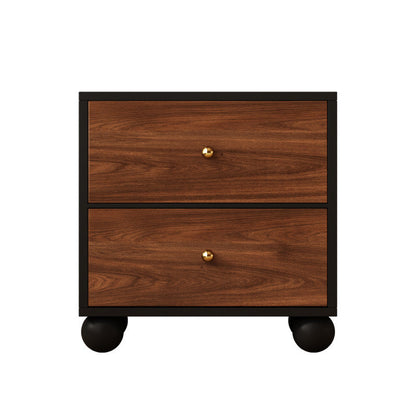 Traditional Vintage Rectangular Round Paulownia Wood Pine Board Iron Nightstand 2-Drawer For Bedroom