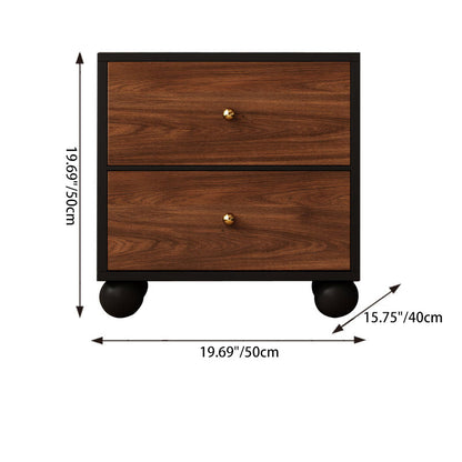 Traditional Vintage Rectangular Round Paulownia Wood Pine Board Iron Nightstand 2-Drawer For Bedroom