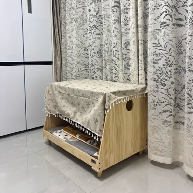 Modern Minimalist Rectangular Cotton-Linen Fabric Pine Wood Plywood Pet Dog Bed Cat Bed For Bedroom